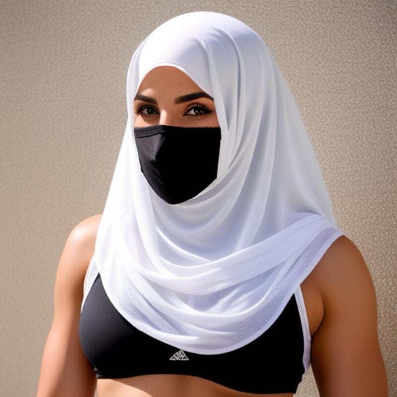Woman wearing a white hijab and black face mask, with a black athletic top, against a neutral background.