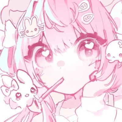 Close-up of a pink-tinted anime girl with heart-shaped eyes, surrounded by bunny hair clips and cute bunny companions.